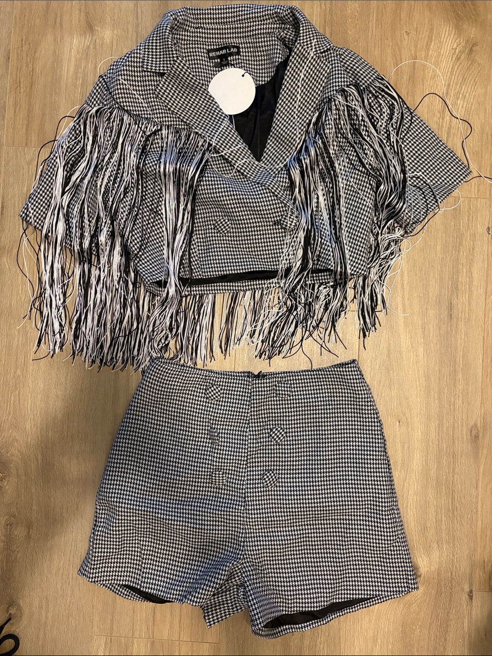 Rehab Black & White Houndstooth Fringe Crop Top with High-Waist Shorts
